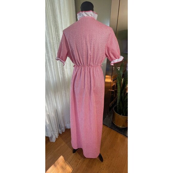 Vintage 70s dress, red striped long shirtdress with elastic waist, ruffled - Picture 5 of 9
